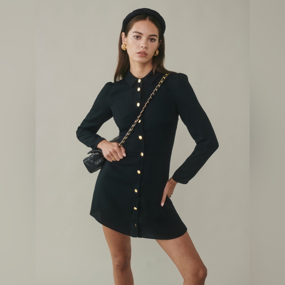 Black REFORMATION like new long sleeved button-down collared mini dress